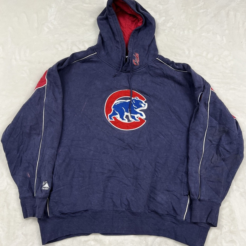 Majestic Hoodie Mens 2XL Blue Chicago Cubs MLB Embroidered Pullover Vintage